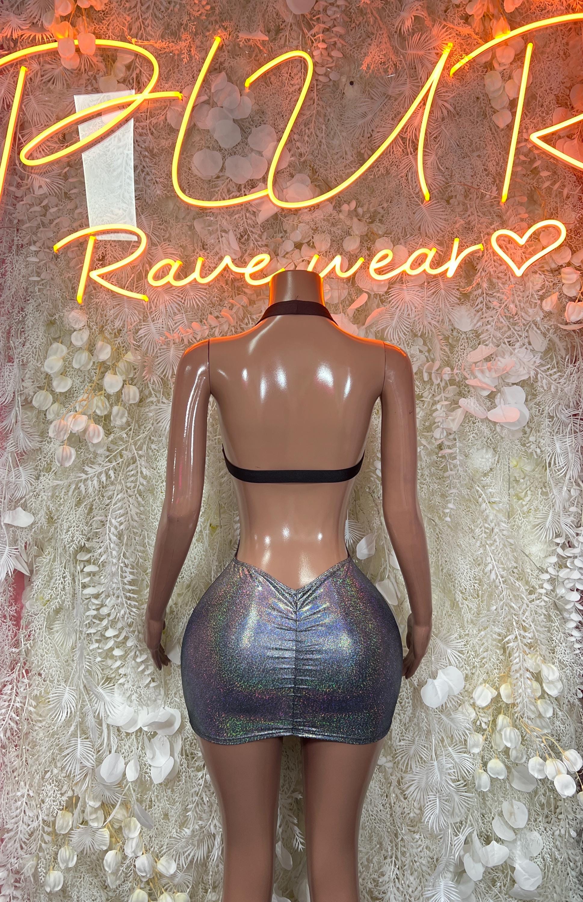 Metallic silver backless mini dress with halter straps and open back
