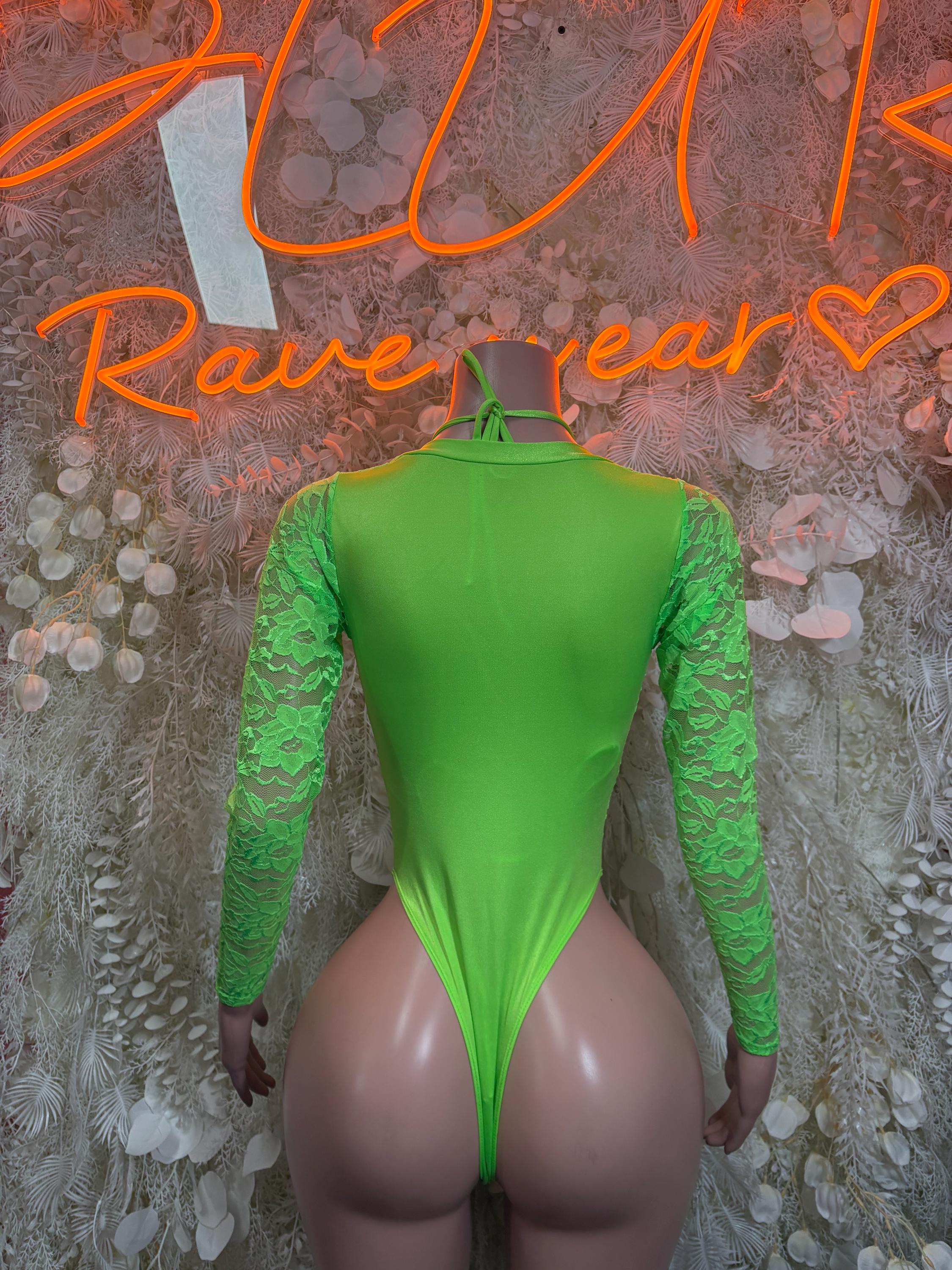 Neon green lace bodysuit with long sleeves, open back and high cut legs