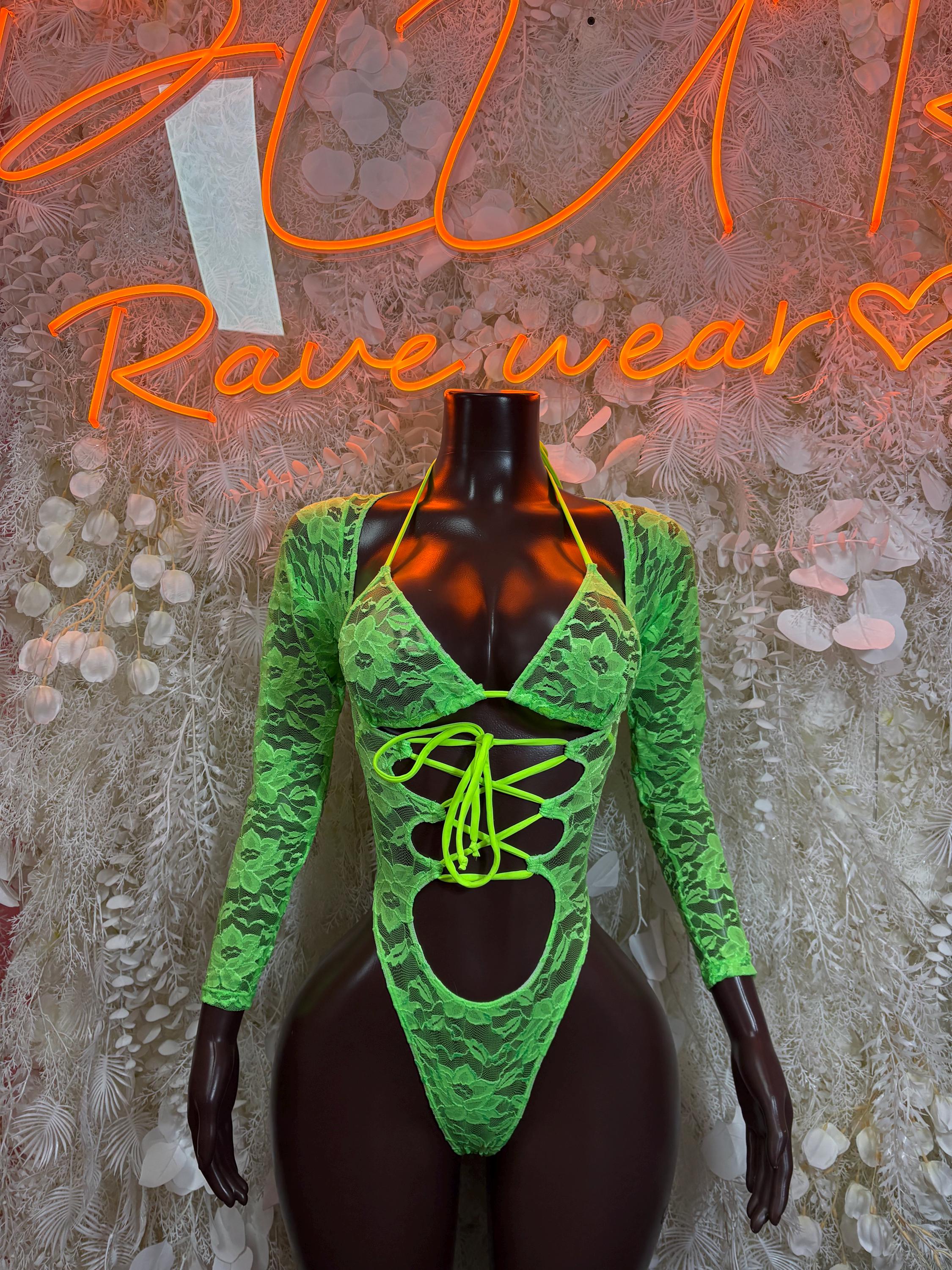 Neon green lace bodysuit with long sleeves, lace-up bust and central cutout