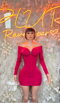 Pink off-shoulder bodycon mini dress with long sleeves, ruched sweetheart neckline