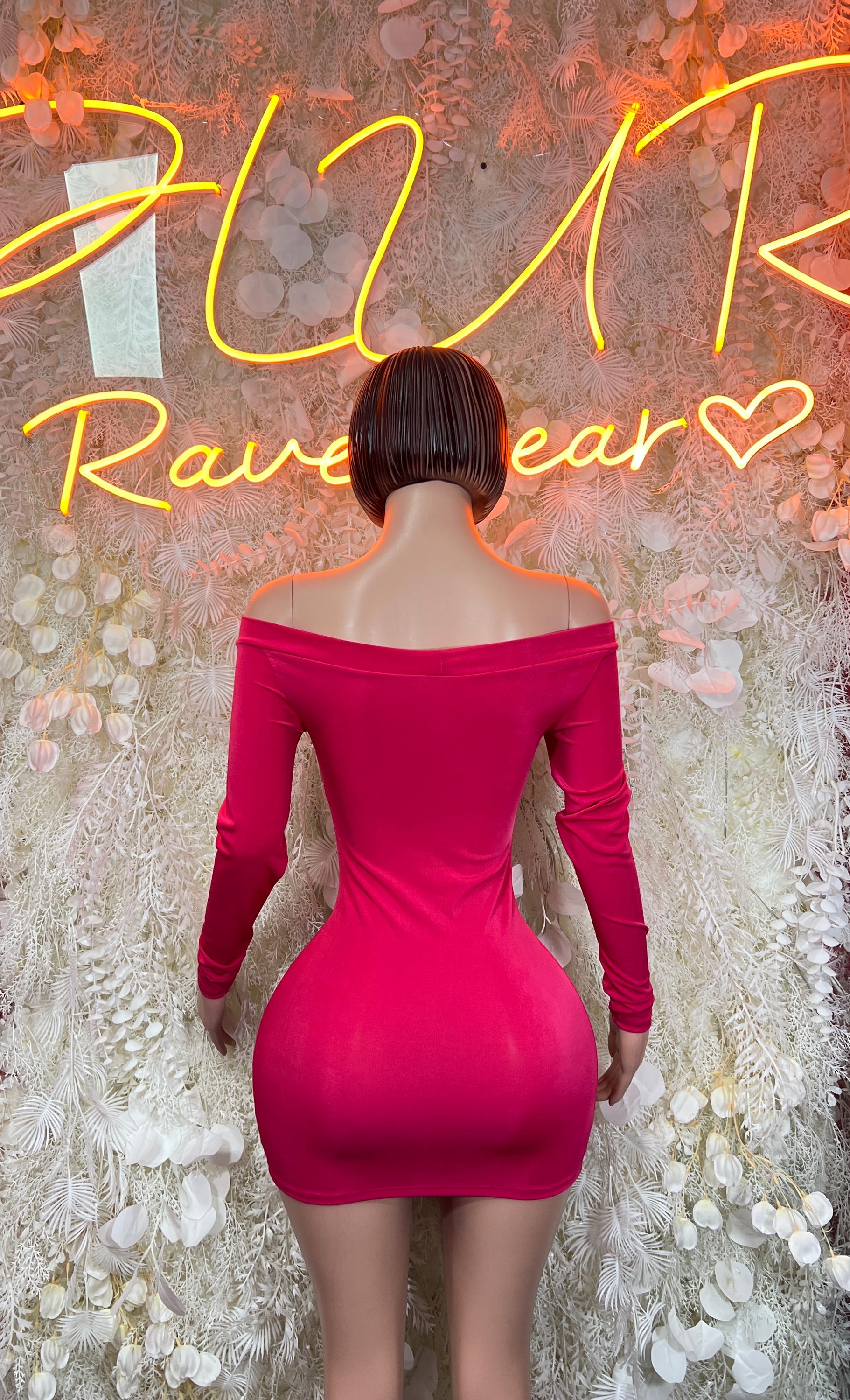 Back view of pink off-shoulder bodycon mini dress with long sleeves