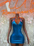 Blue metallic mini dress, sleeveless V-neck, fitted bodycon
