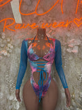 Hologram island-print bodysuit with long sleeves, halter neckline and front tie detail