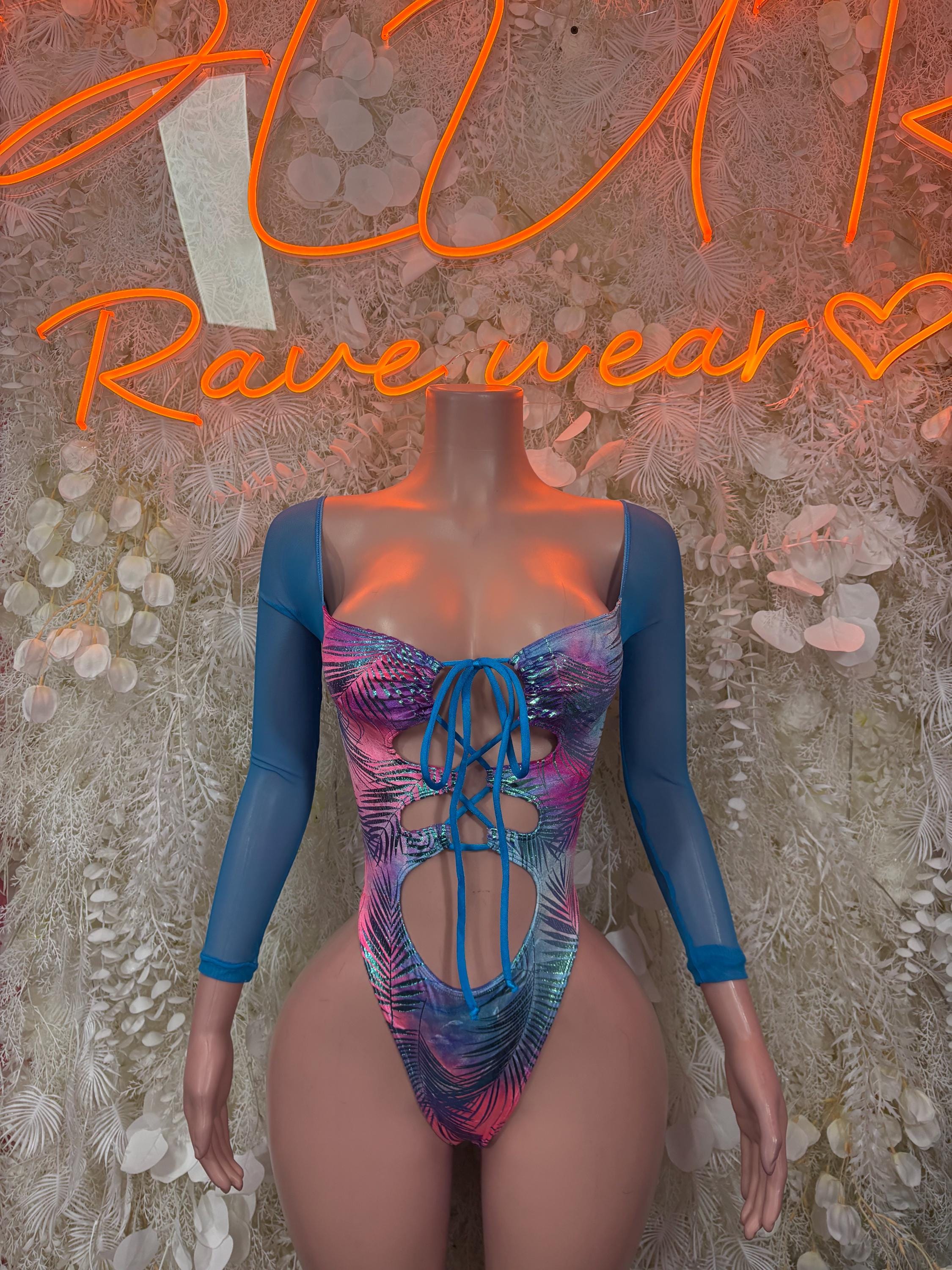 Blue long-sleeve one-piece bodysuit with multicolor tropical print and front lace-up