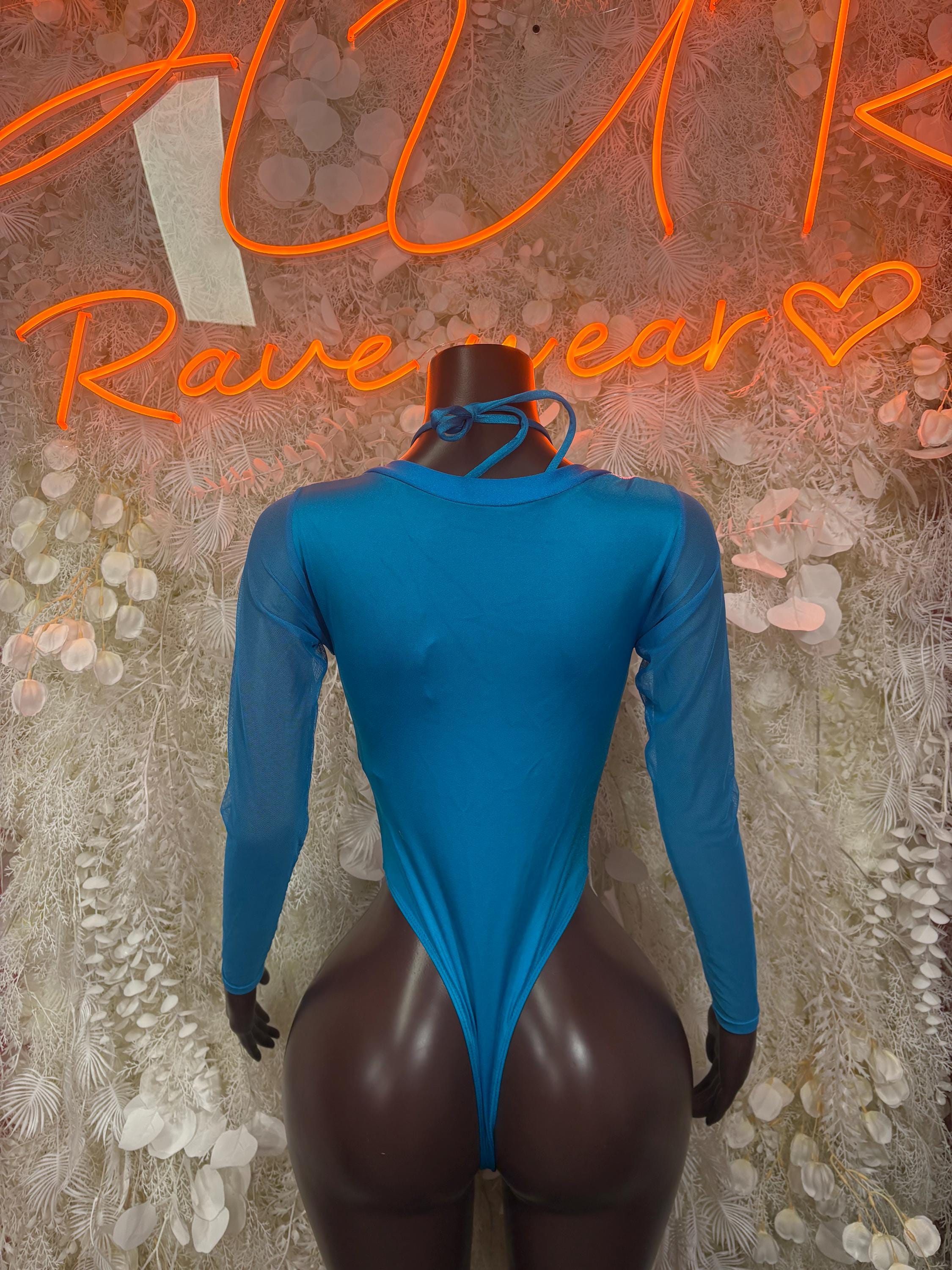 Holographic blue bodysuit with long sleeves and high neck