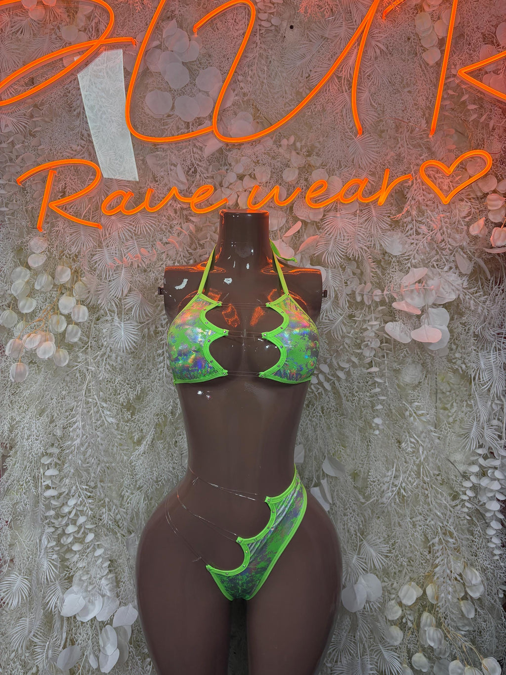 Ravewear Outfit Two-Piece Neon Metallic Set - Hologram Design | Exotic Dancewear Festival Clothing, Raves