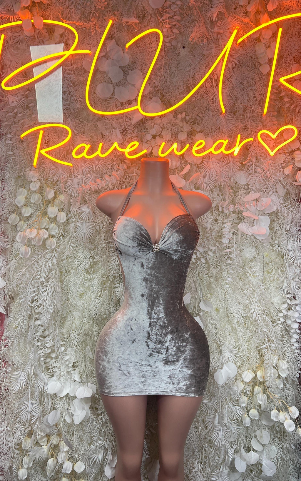 Silver velvet mini dress with off-shoulder sweetheart bodice and short skirt