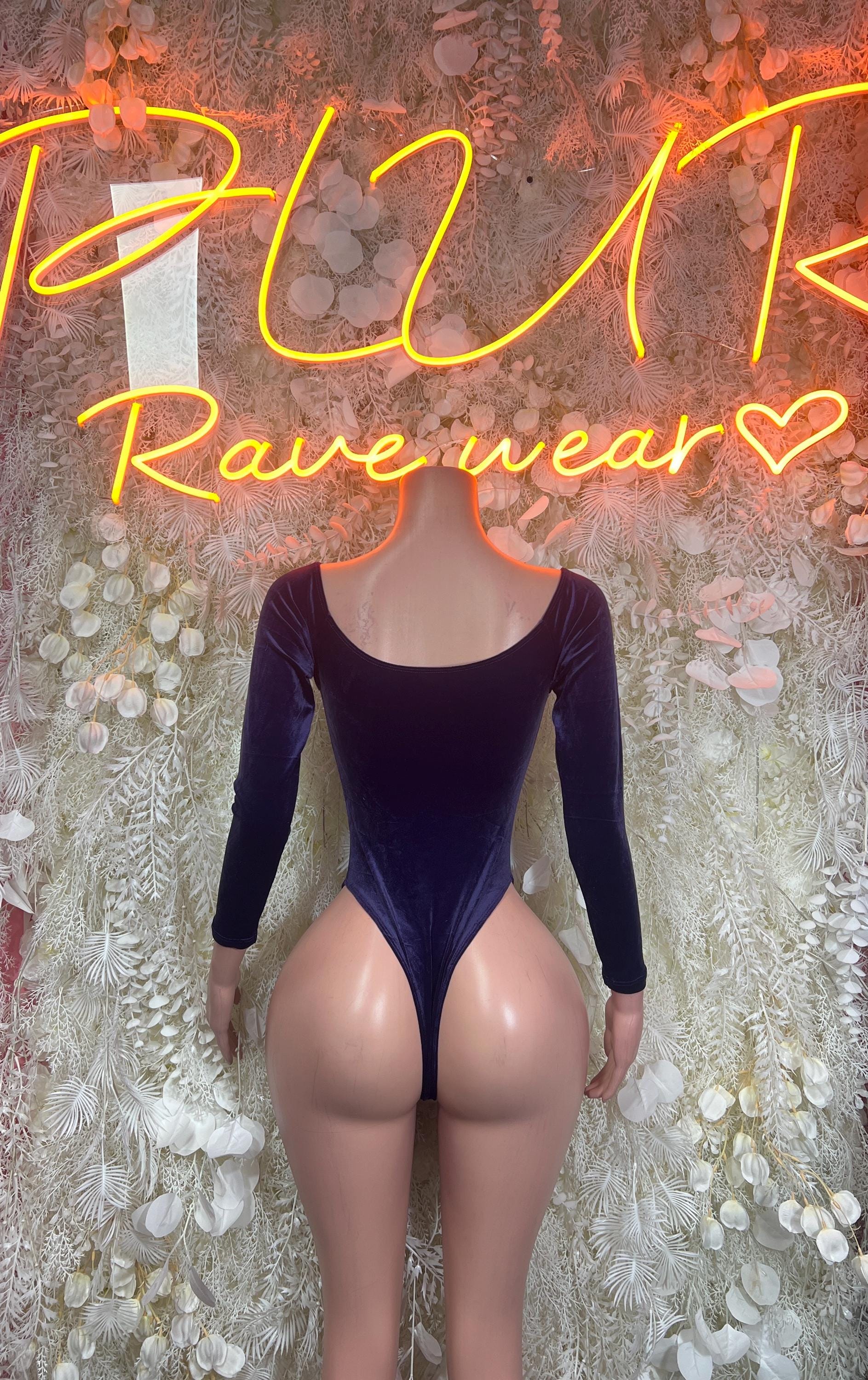 Dark blue velvet bodysuit, long sleeves, deep V neckline with front keyhole buttons