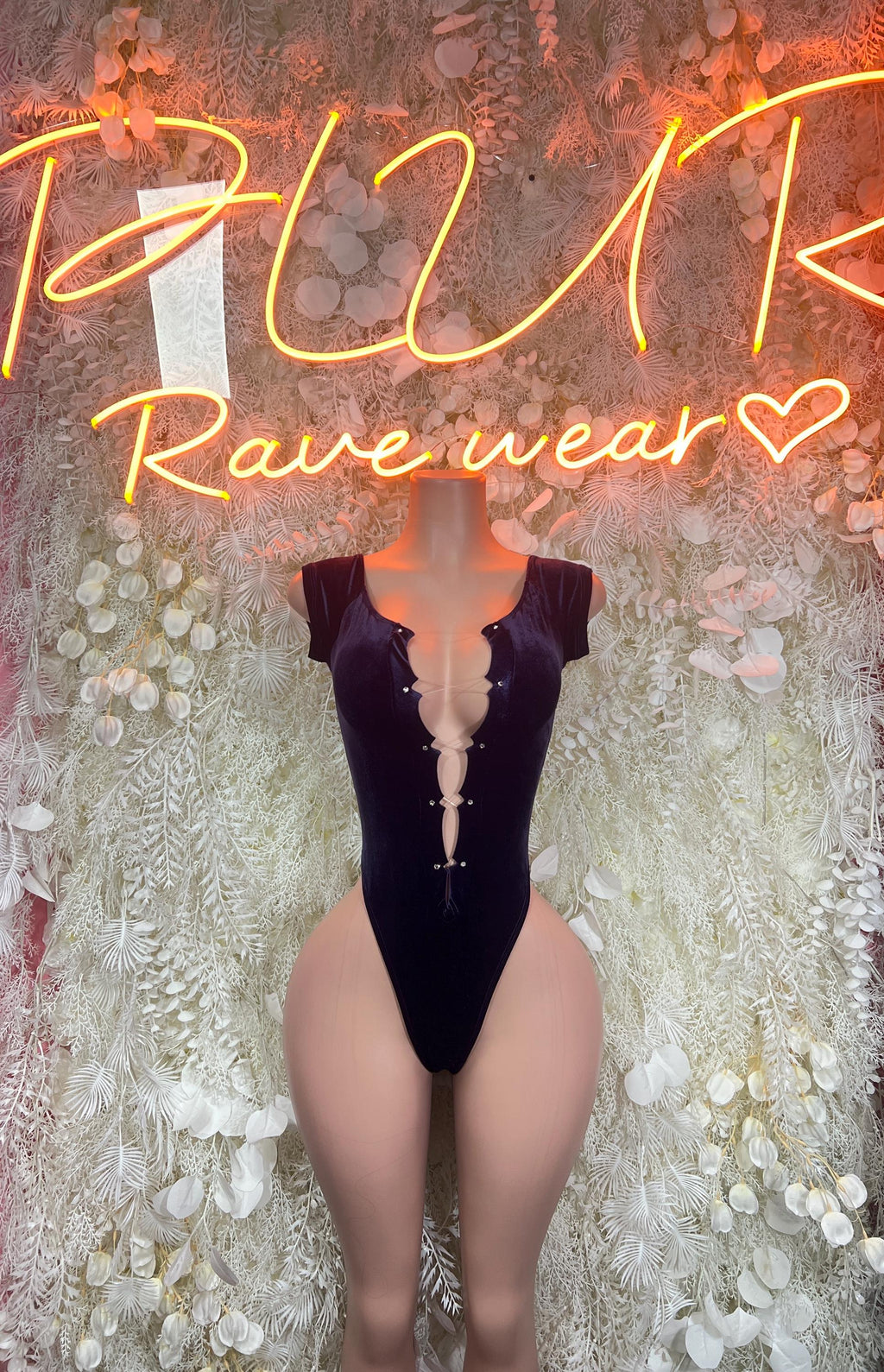 Purple velvet bodysuit with deep V front and lace-up string detail