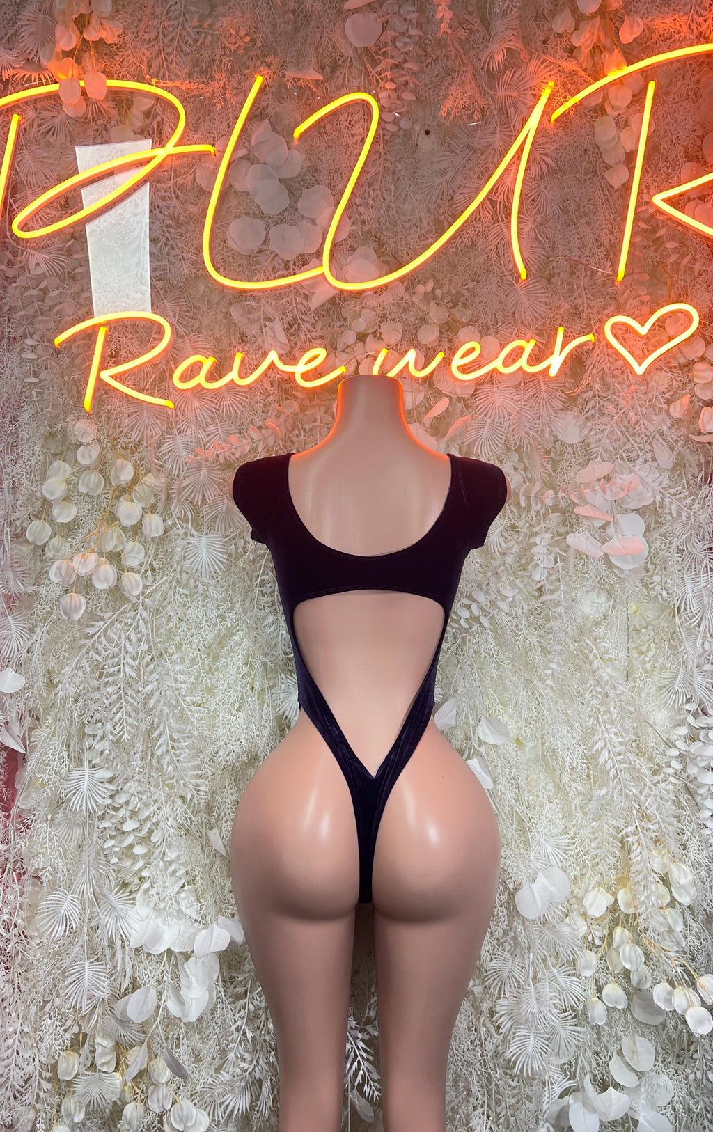 Purple velvet backless bodysuit with V strap back and high-cut legs