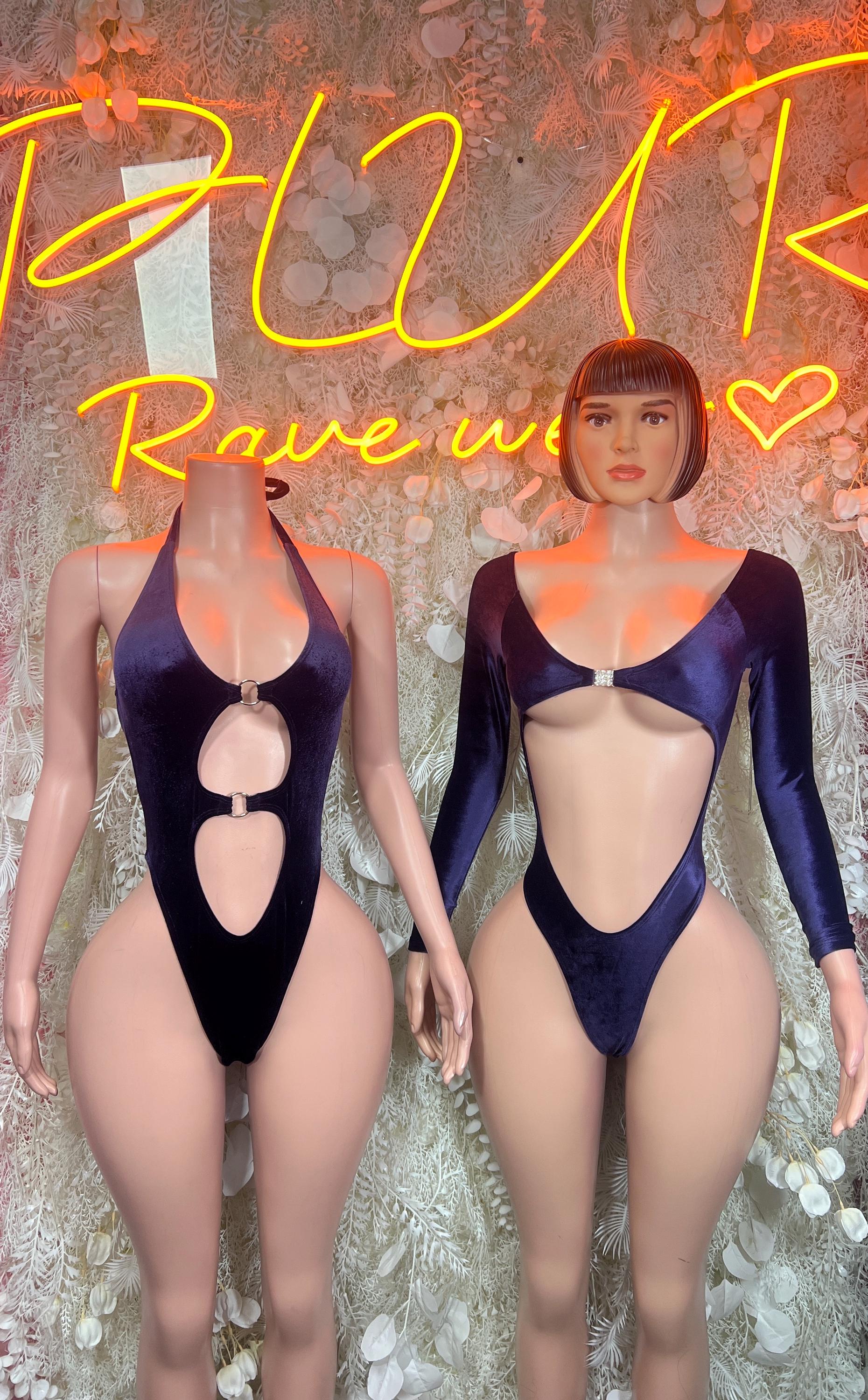 Purple velvet halter bodysuit with long sleeves, oval chest ring and cutout