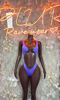 Purple long-sleeve bodysuit with scoop neck and high-cut thong bottom, front view