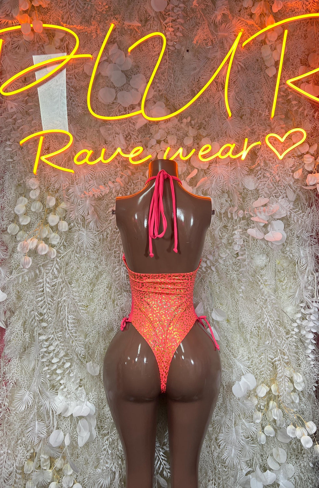 Coral cheetah-print holographic bodysuit, racerback with crisscross straps and tie