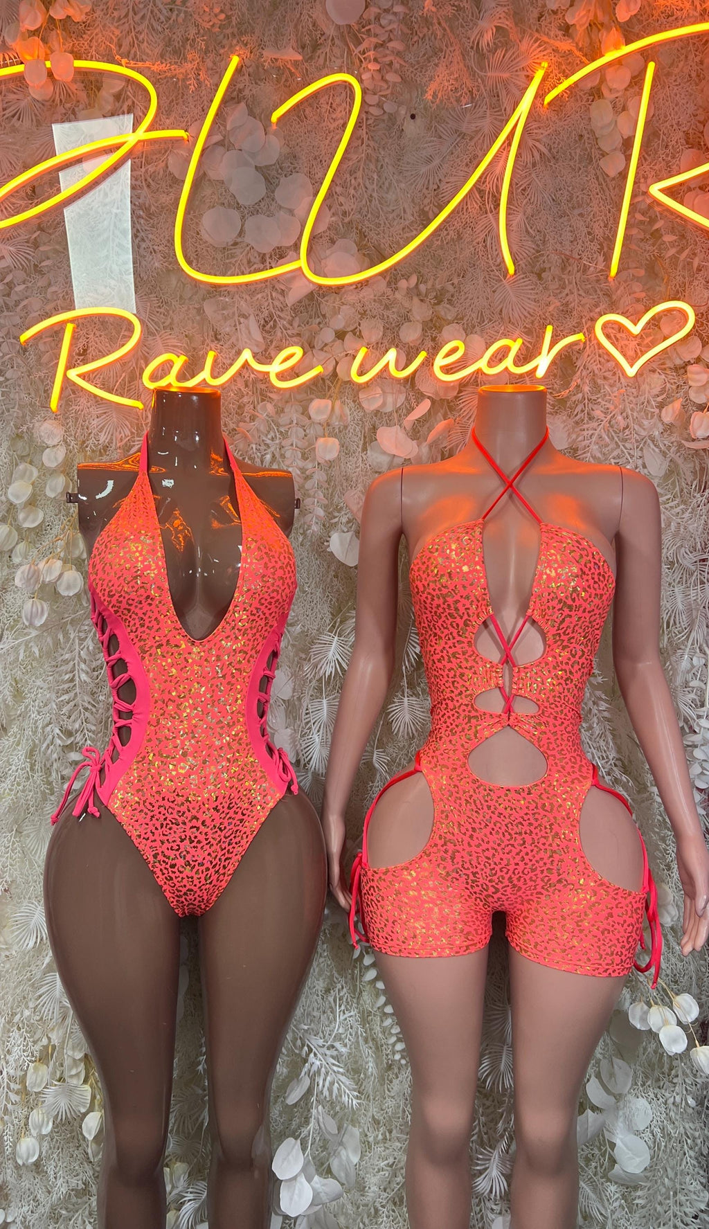 Coral cheetah-print holographic bodysuit set: front V-neck and back crisscross straps