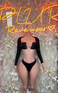 Black long-sleeve two-piece dancewear set with bra-style top and high-cut bottoms