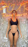 Black two-piece crop top and bikini bottoms, tie-side strings, sparkly studs