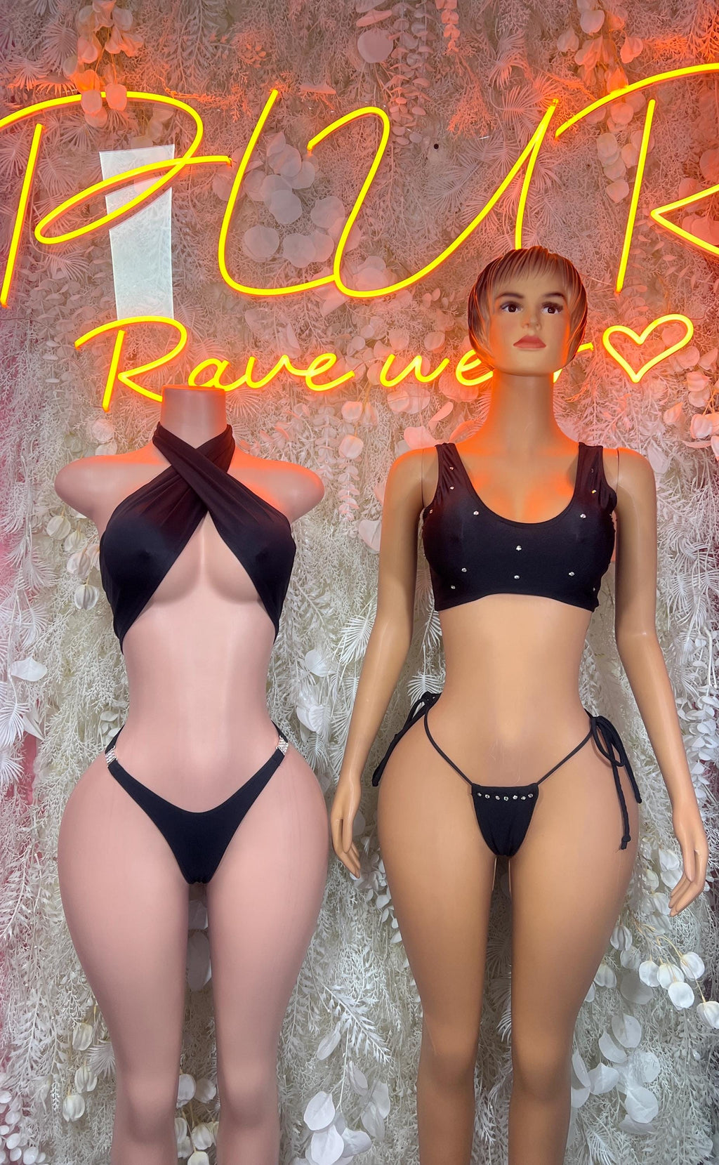 Black two-piece dance set, front and back views with sparkly studs and tie sides