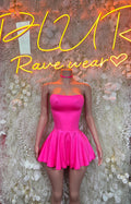 Bright pink strapless mini dress with ruched bodice and flared skater skirt