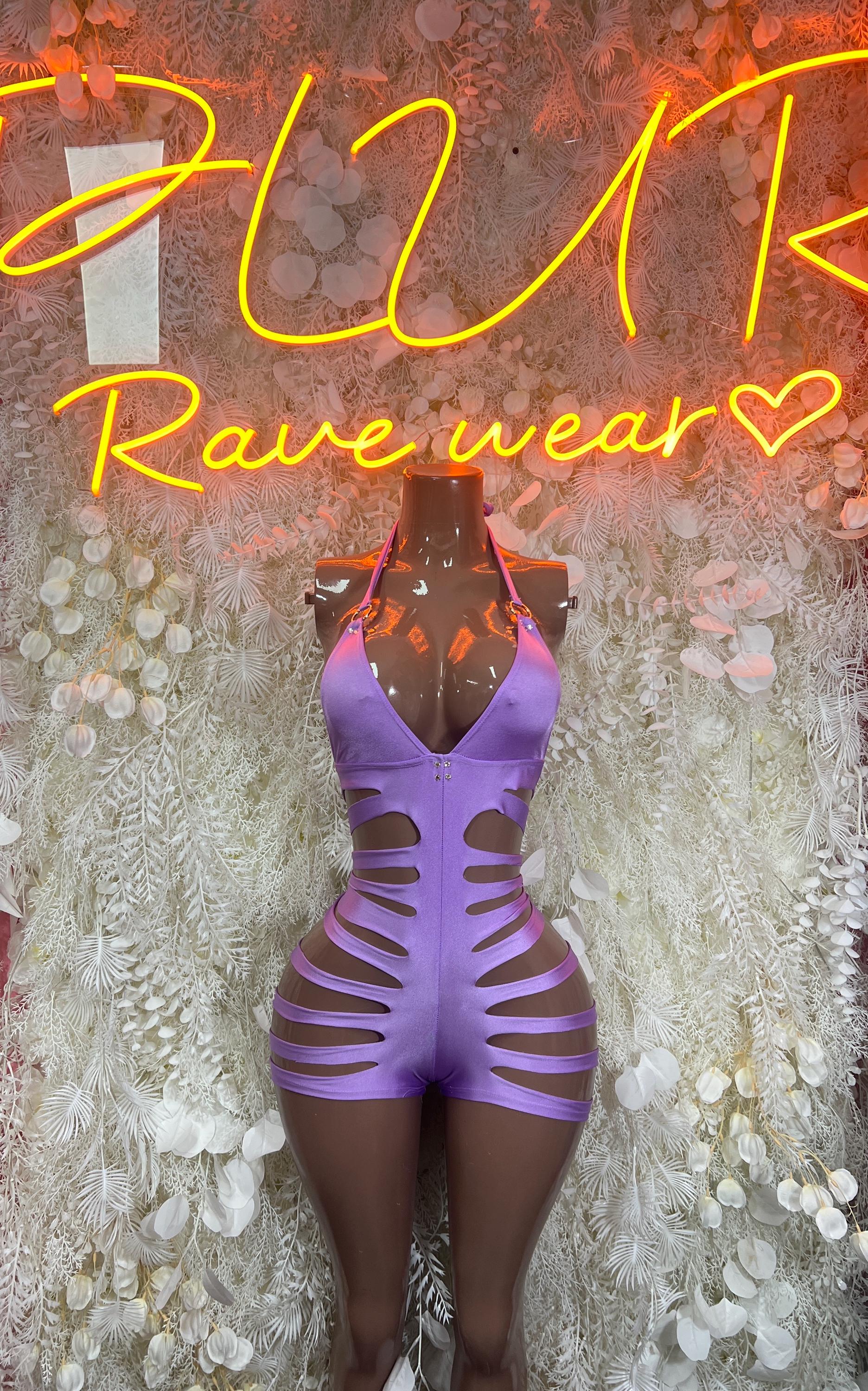 Purple halter one-piece bodysuit with lace-up front cutouts and deep V neckline