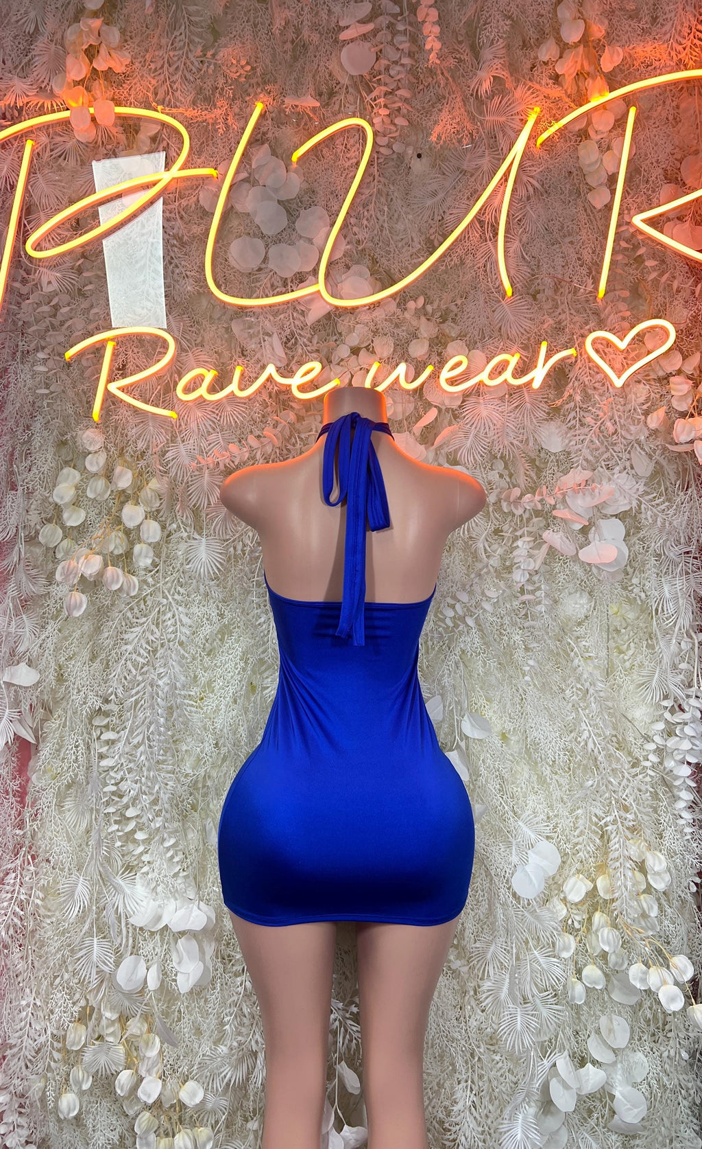 Blue halter mini bodysuit dress with open back and tie straps