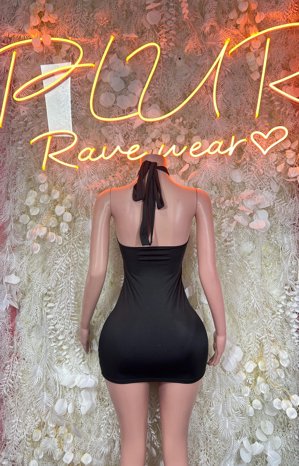 Black mini dress bodysuit with open back and ruched neckline