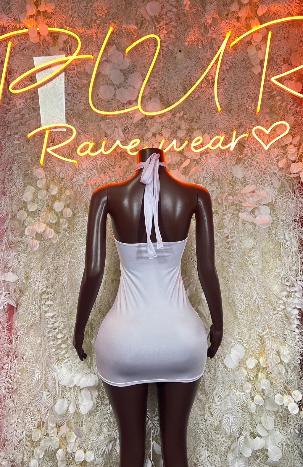 White halter mini dress bodysuit, open back with tied strings