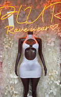 White halter mini dress bodysuit with ring cutout at chest