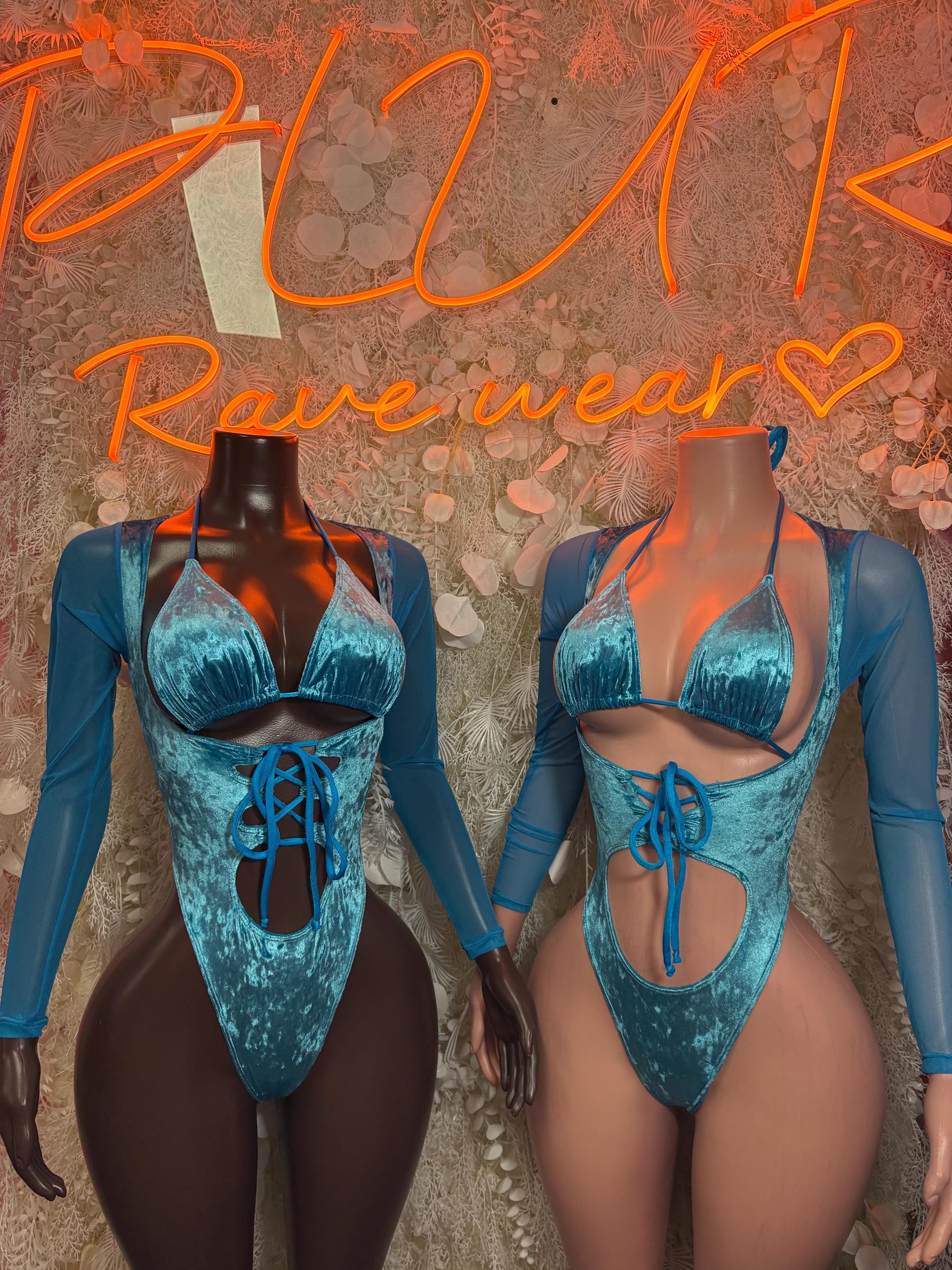 Turquoise velvet bodysuit set with long sleeves, lace-up chest and center cutout