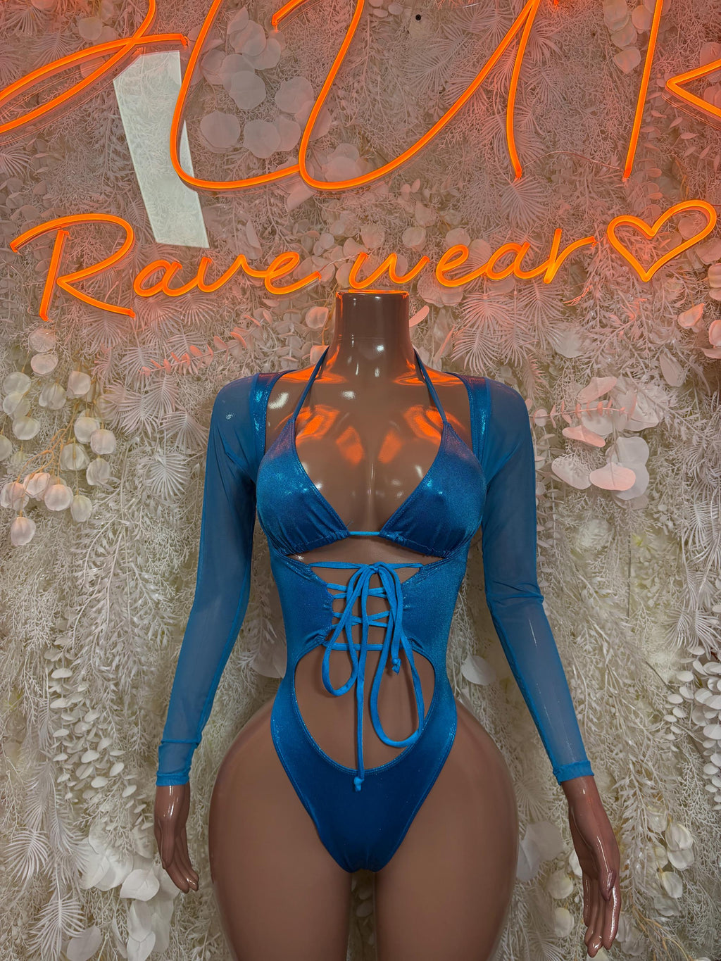 Turquoise metallic lace-up bodysuit with long sleeves and front cutout