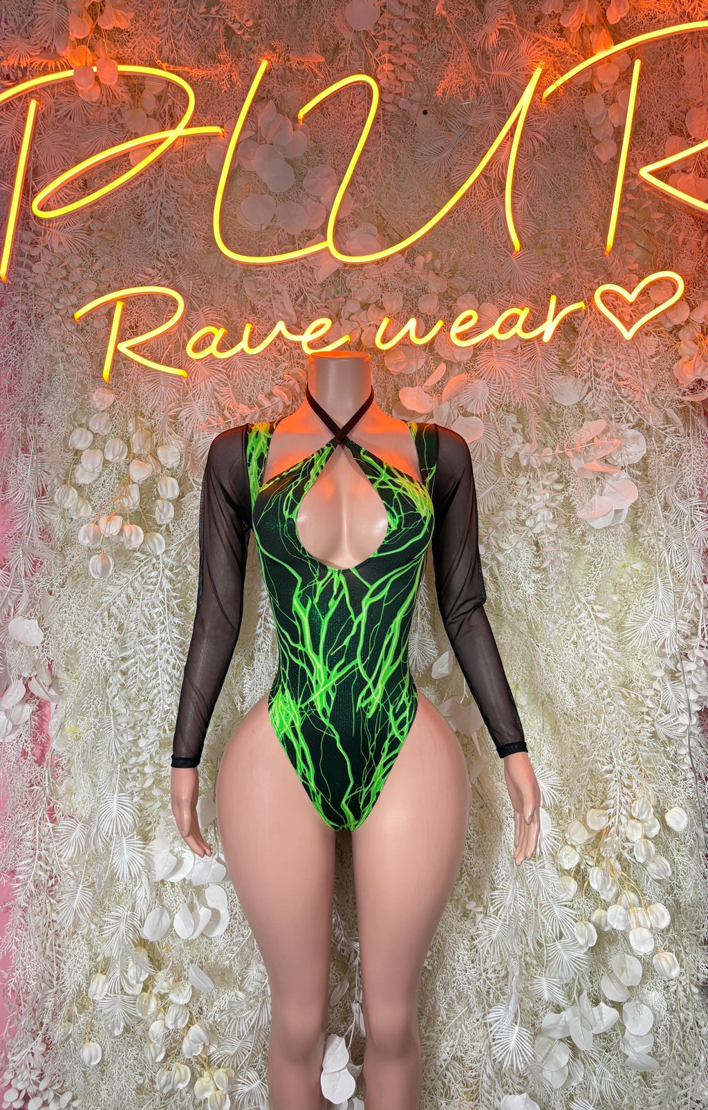 Black sheer bodysuit with green lightning print, long sleeves, deep V neckline