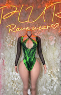 Black sheer bodysuit with green lightning print, long sleeves, deep V neckline