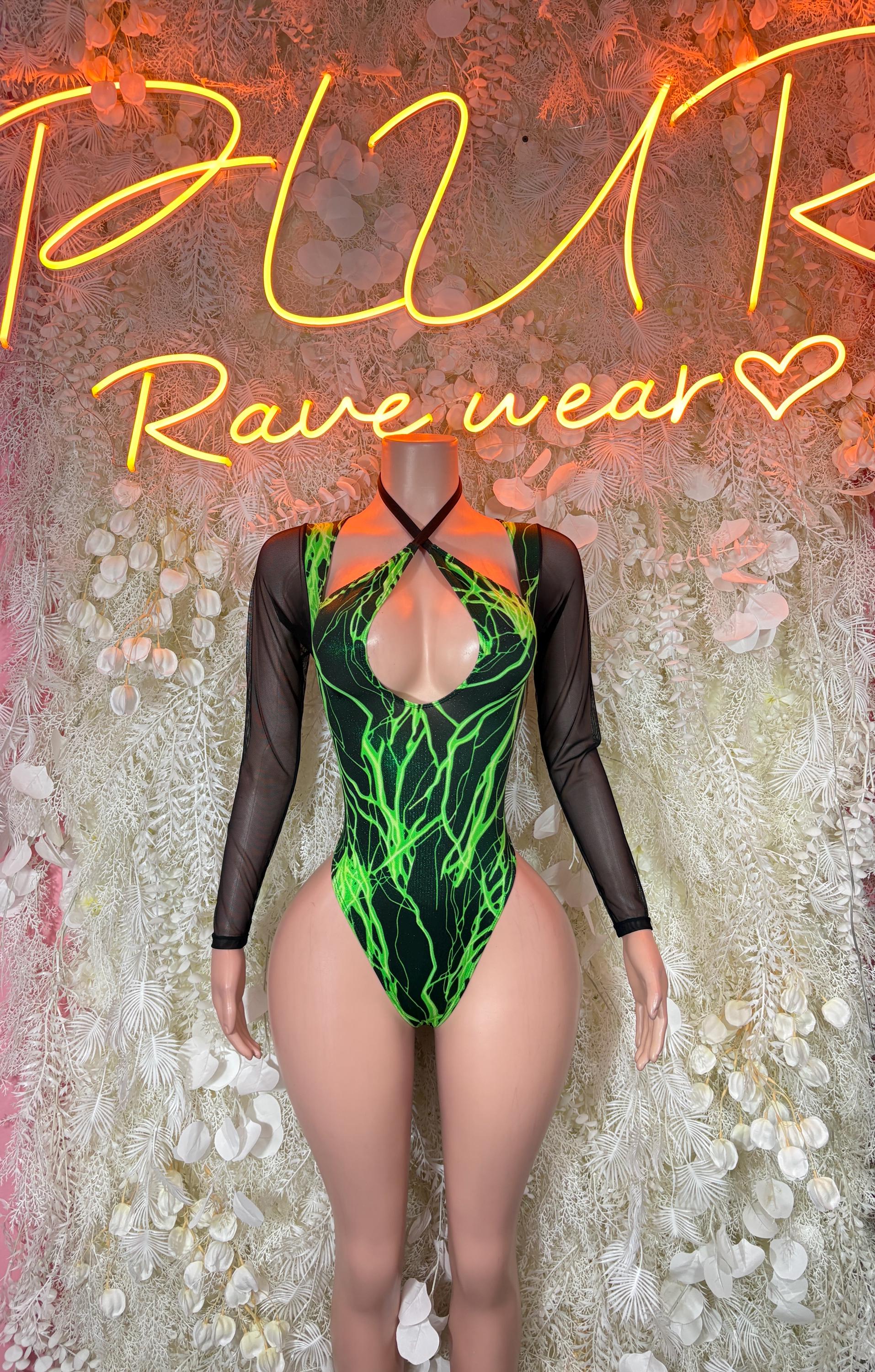 Bottlegirl outfits One-Piece Bodysuit Green Lightening - Custom Design | Exotic Dancewear for Performers, Raves, & Nights Out ( medium left