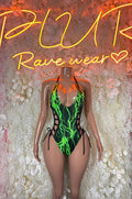 Green lightning graphic one-piece bodysuit with black side cutouts and halter straps