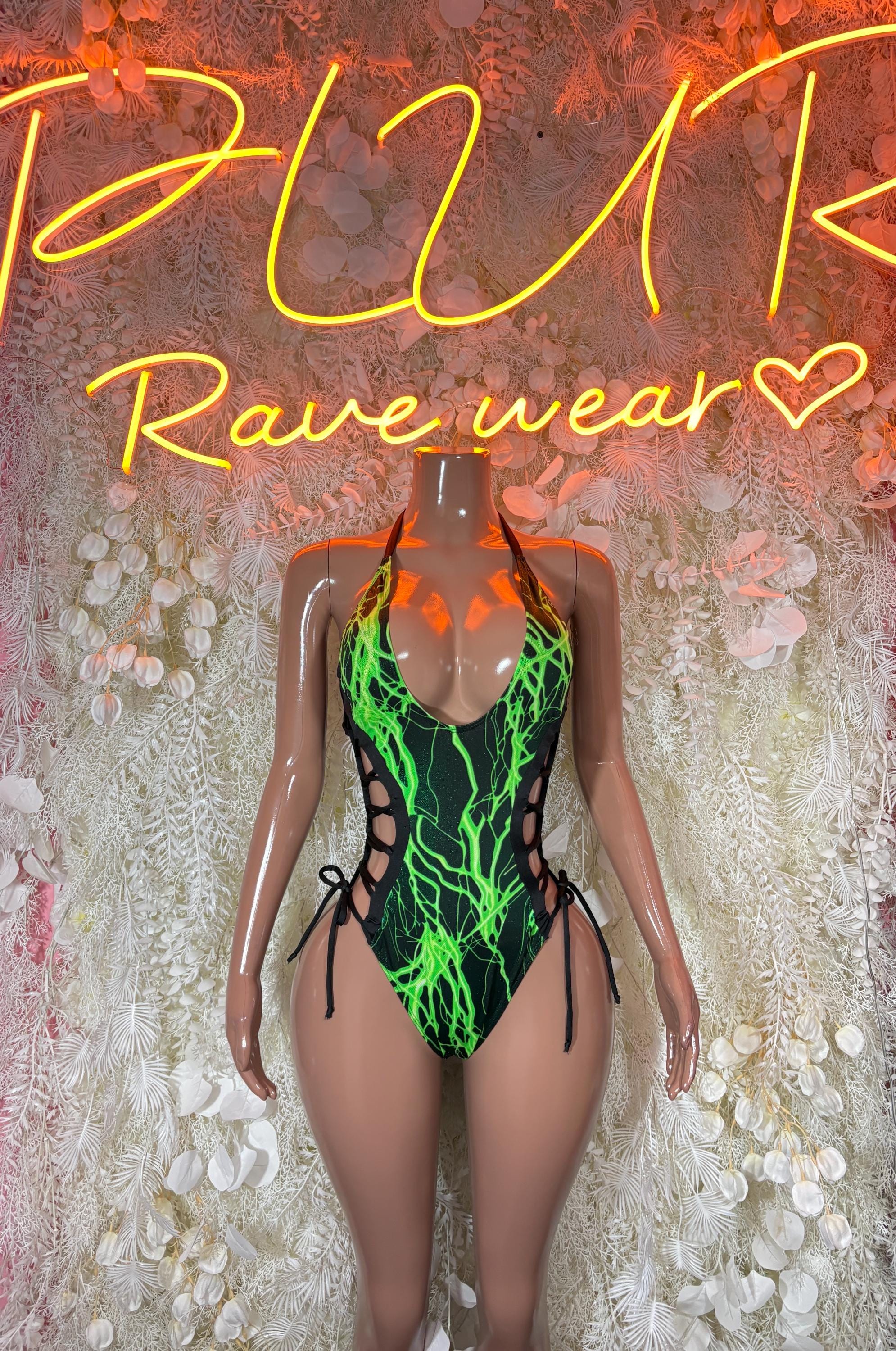 Green lightning graphic one-piece bodysuit with black side cutouts and halter straps