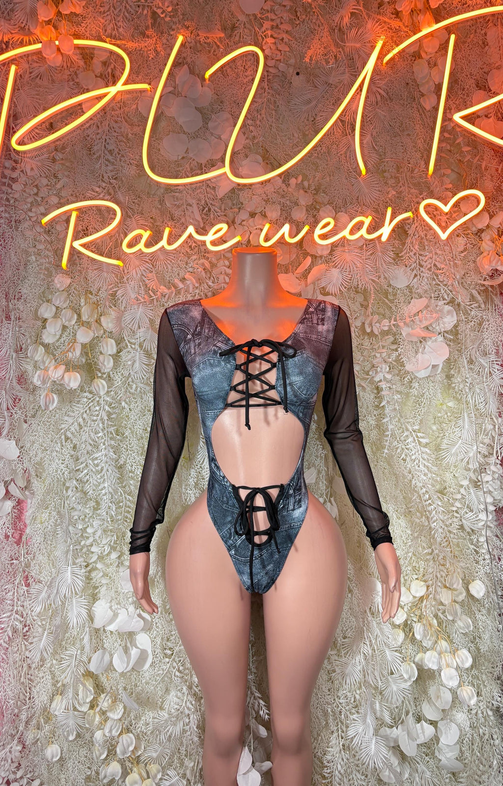 Denim-print bodysuit with crisscross lace-up front and sheer black sleeves