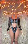 Denim-print bodysuit with crisscross lace-up front and sheer black sleeves