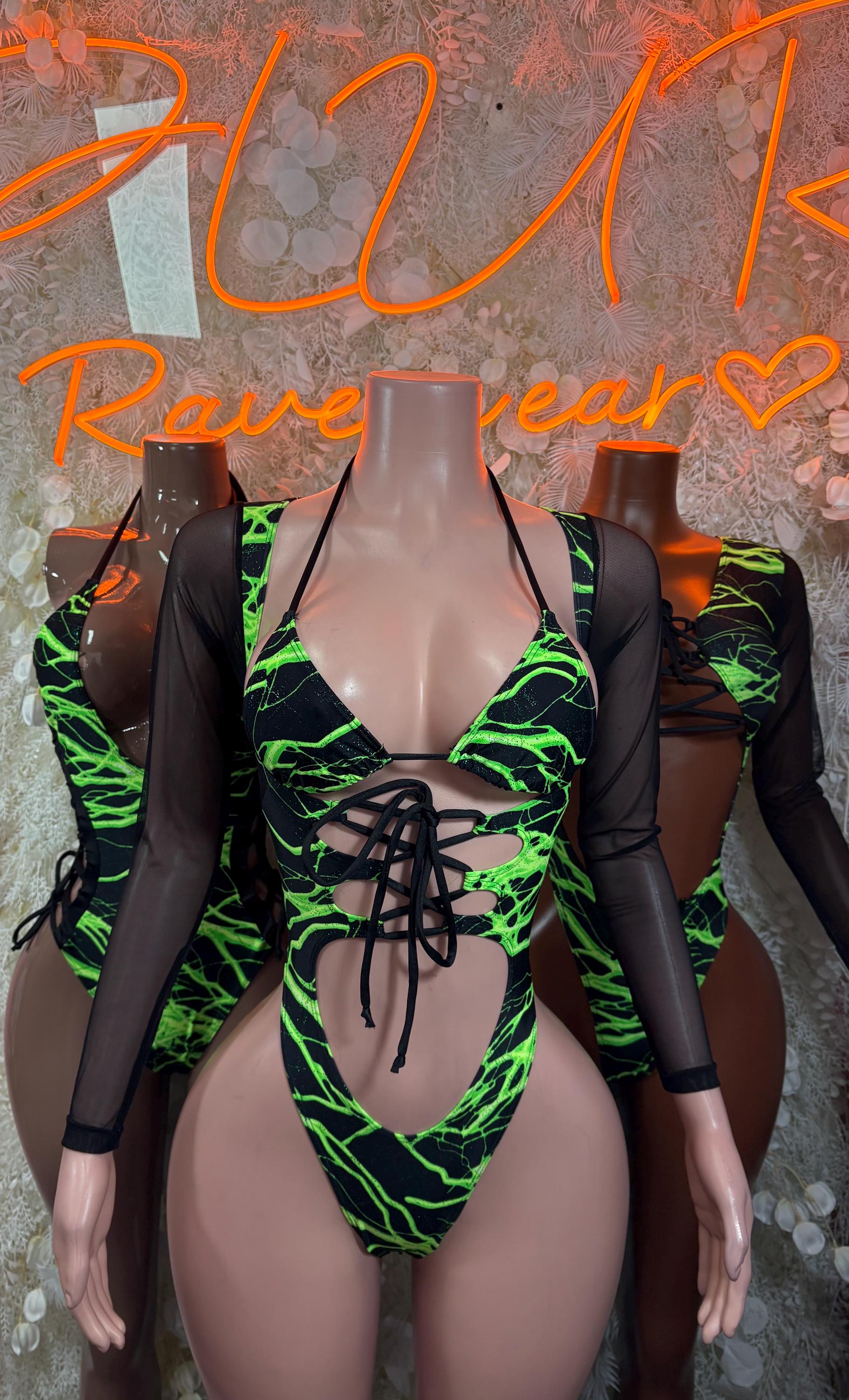 Black and neon green one-piece bodysuit with long sheer sleeves and front lace-up