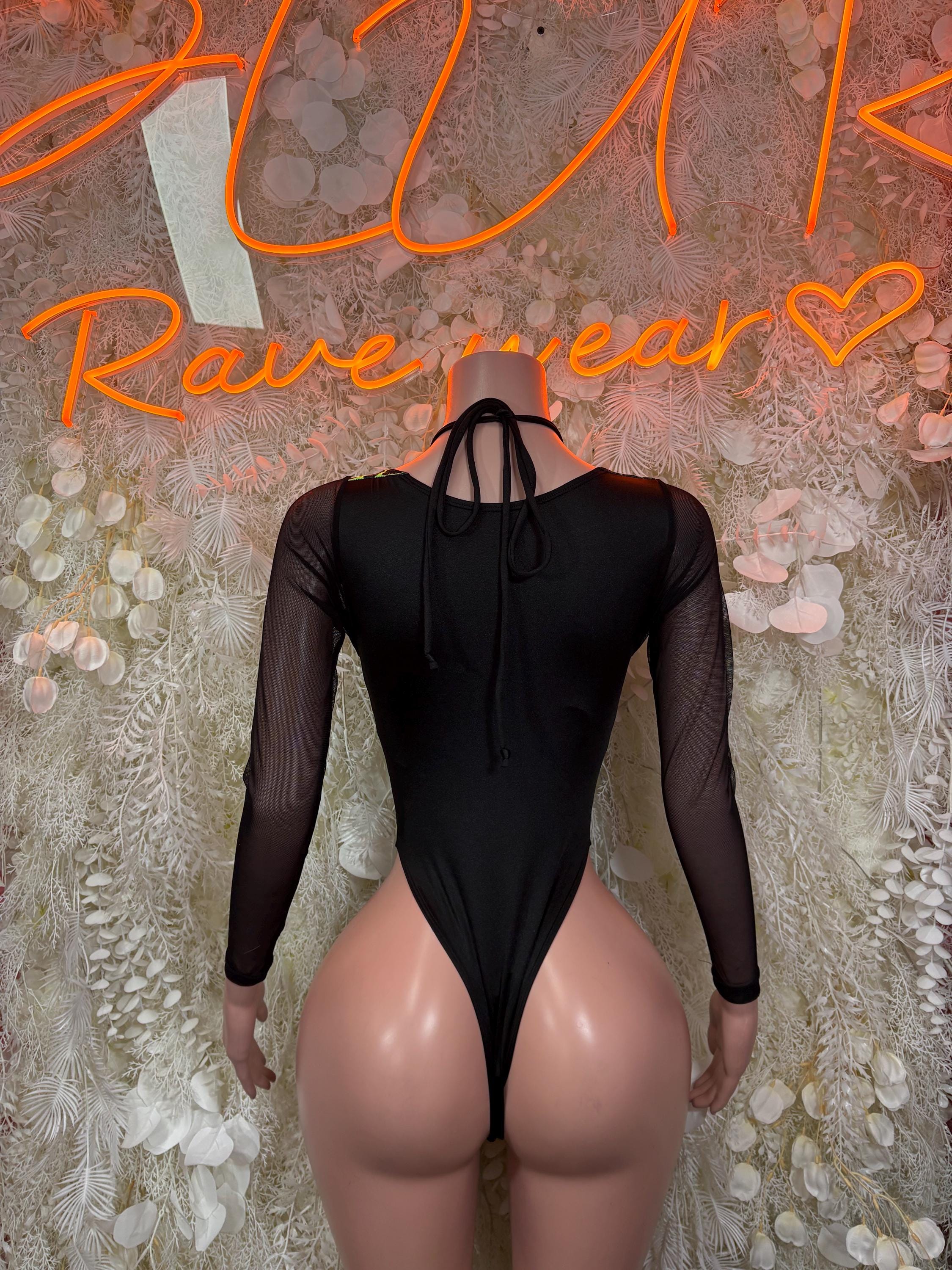 Black one-piece bodysuit with sheer back tie and long mesh sleeves