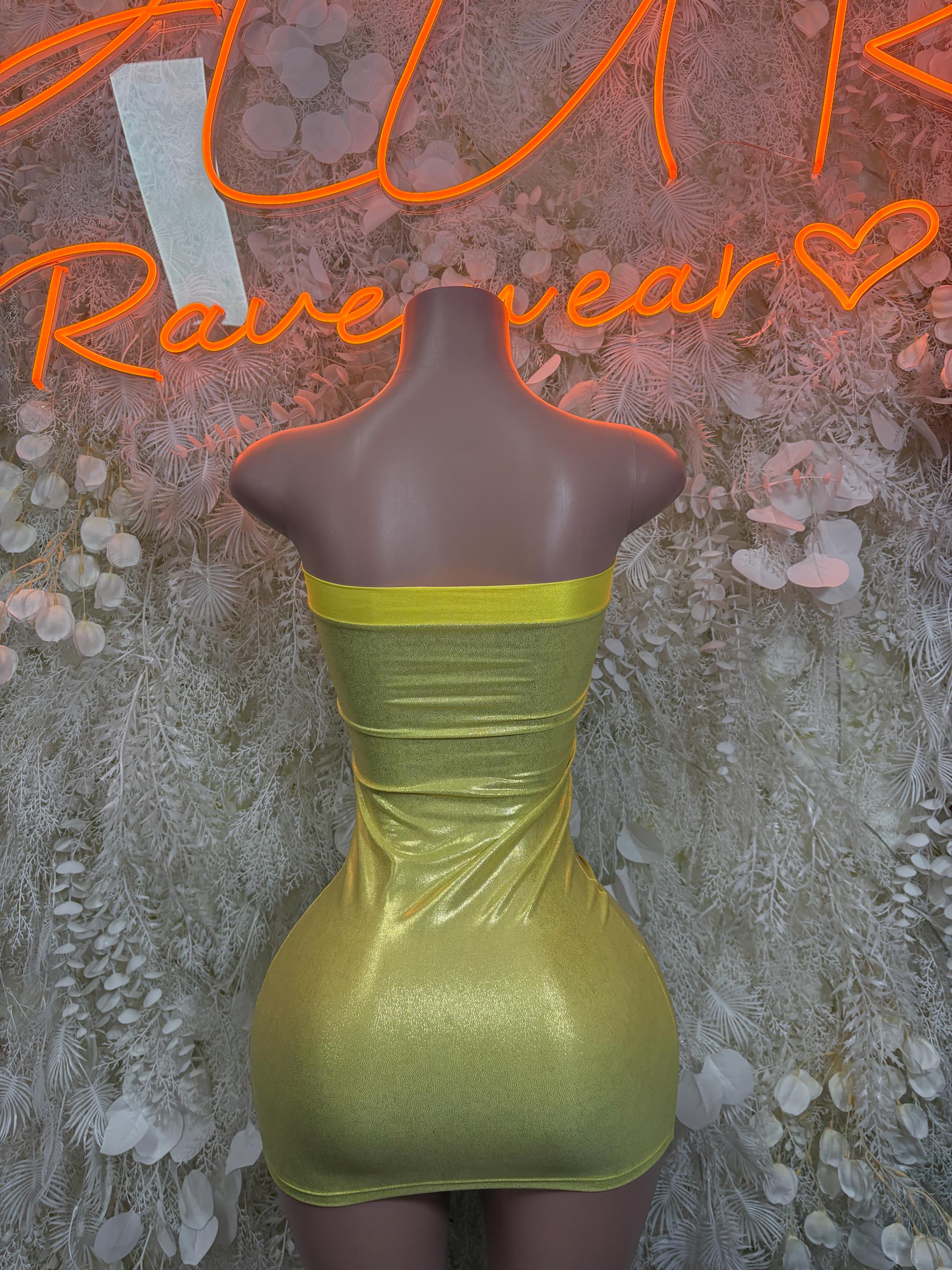 Lime green metallic strapless bodycon mini dress with ruched bodice
