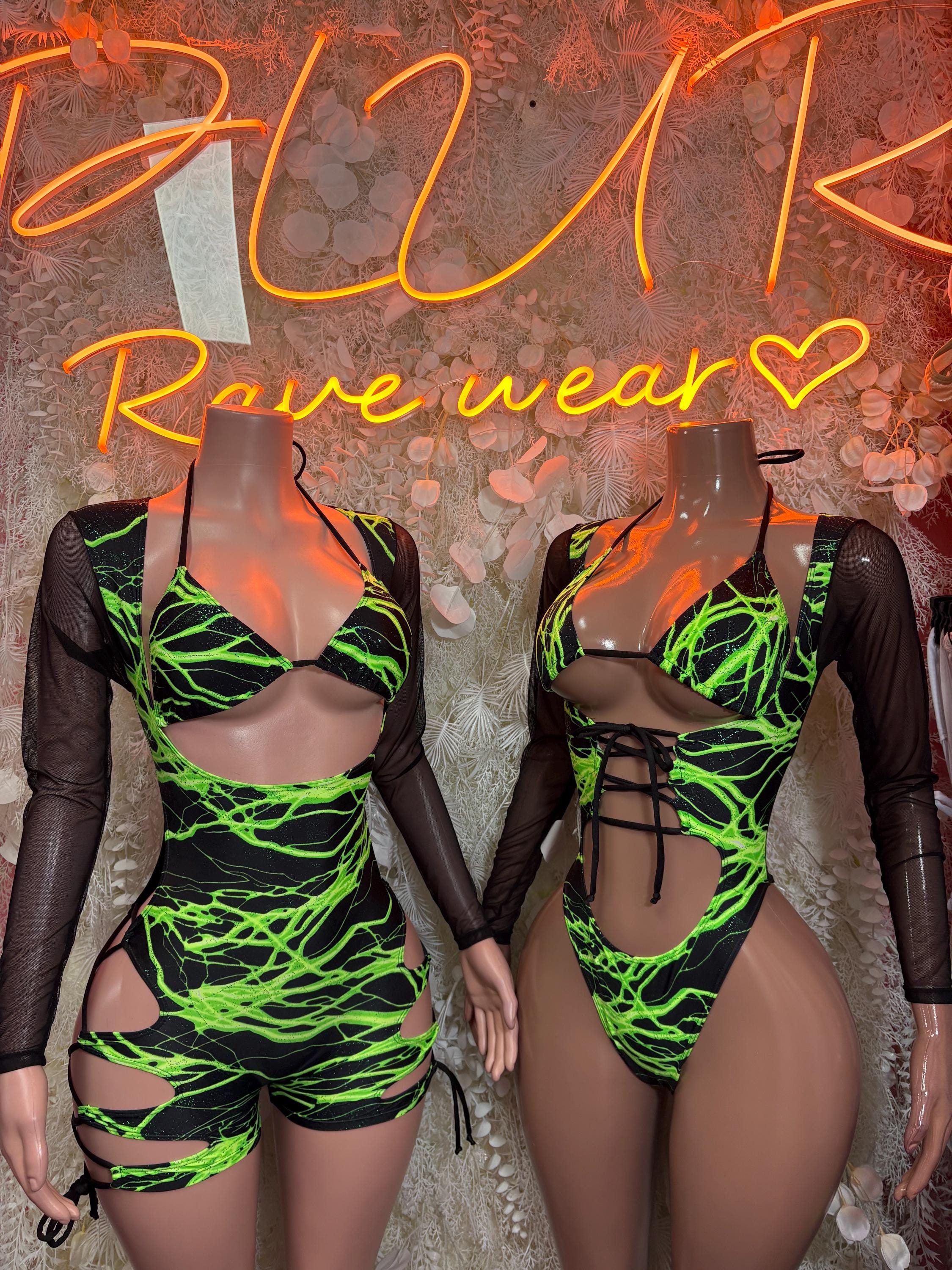 Neon green lightning one-piece bodysuit with long sheer sleeves and cutout sides