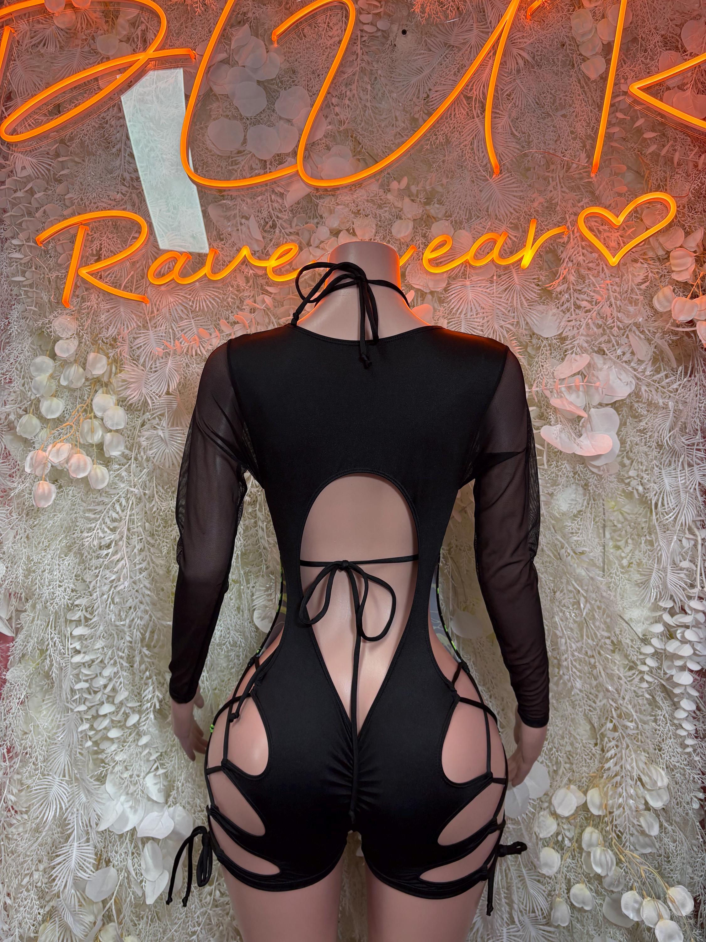Black one-piece bodysuit with cutout back and neon green lightning print