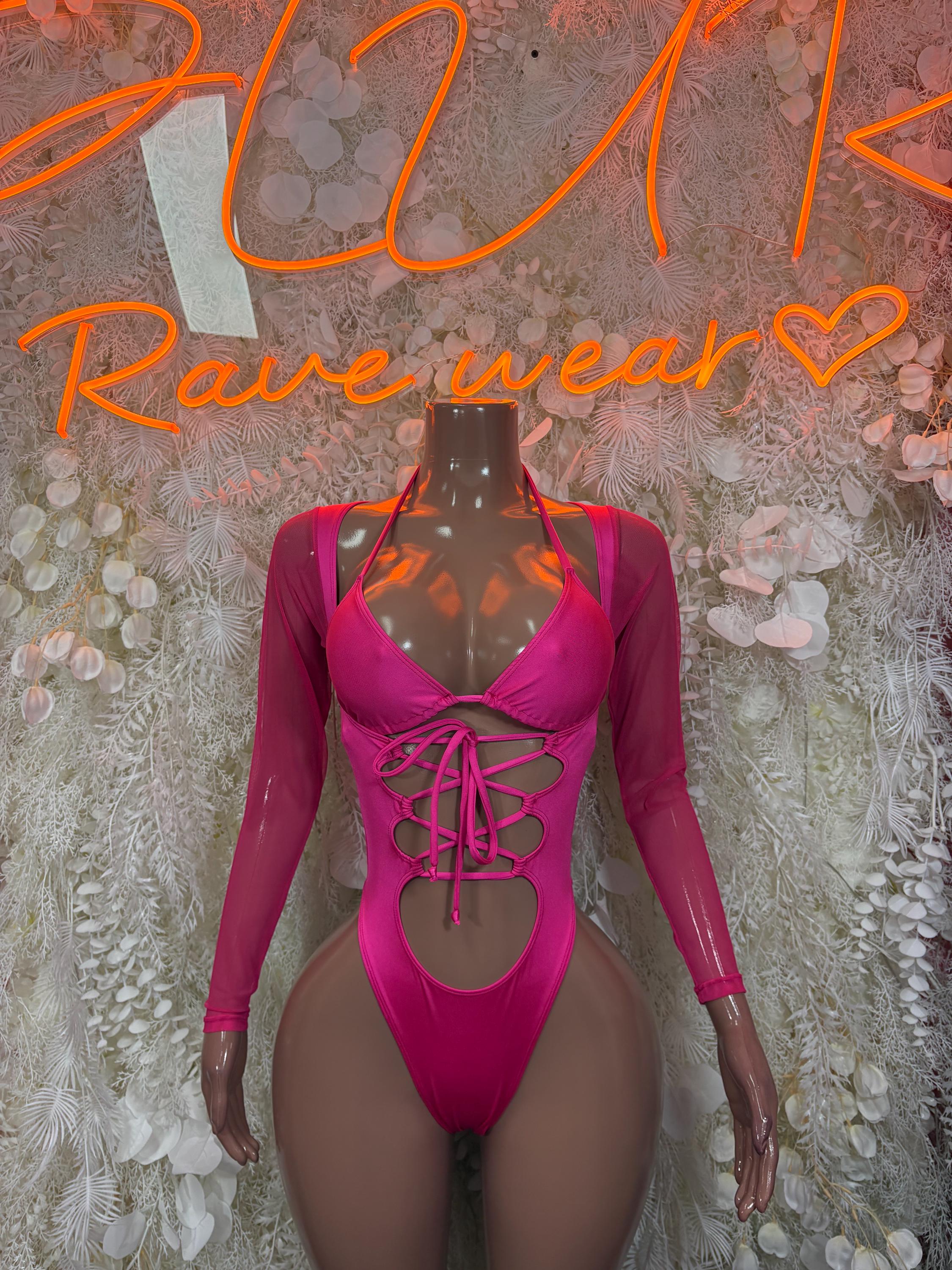 Pink lace bodysuit with lace-up front and long sheer sleeves