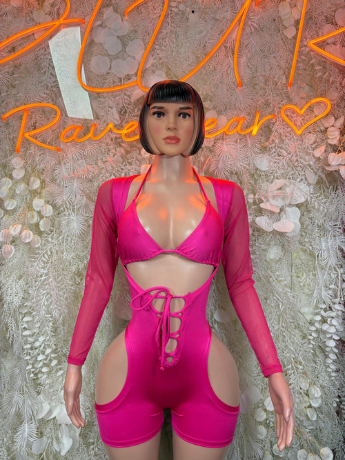 Pink one-piece bodysuit with long sleeves, lace-up front, and cutout chest