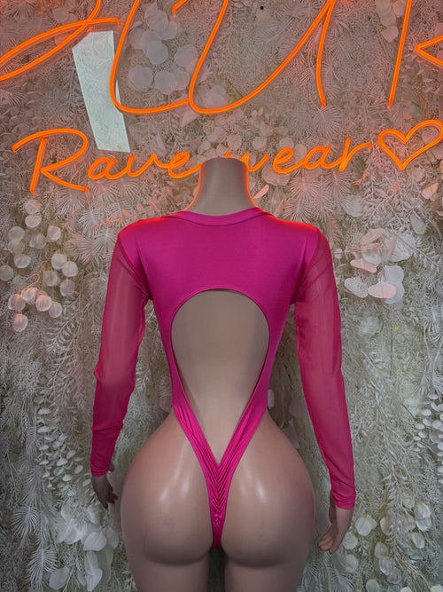 Pink bodysuit back view with long sleeves and deep V open back cutout