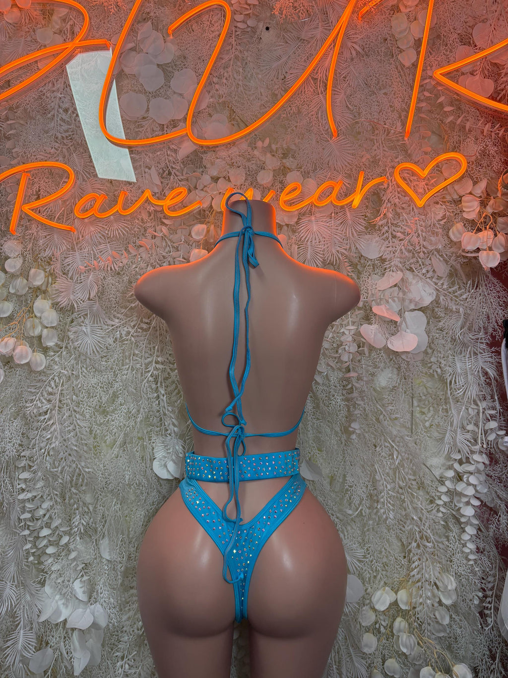 Blue rhinestone festival bikini set, strappy tie-back thong bottom