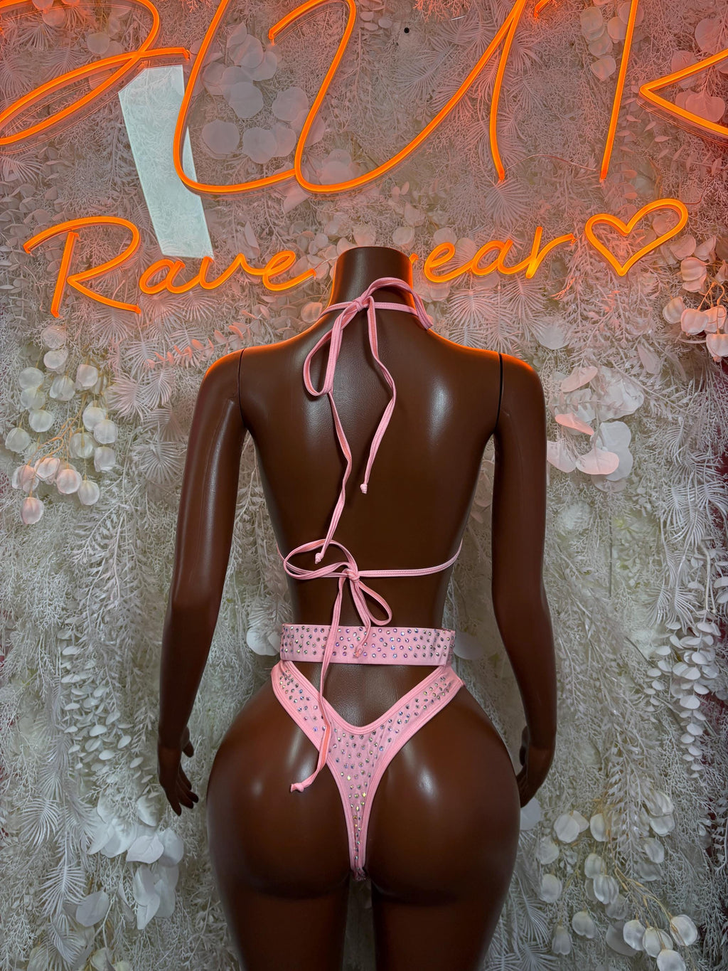 Pink rhinestone bikini set with lace-up back straps and triangle bottoms, back view