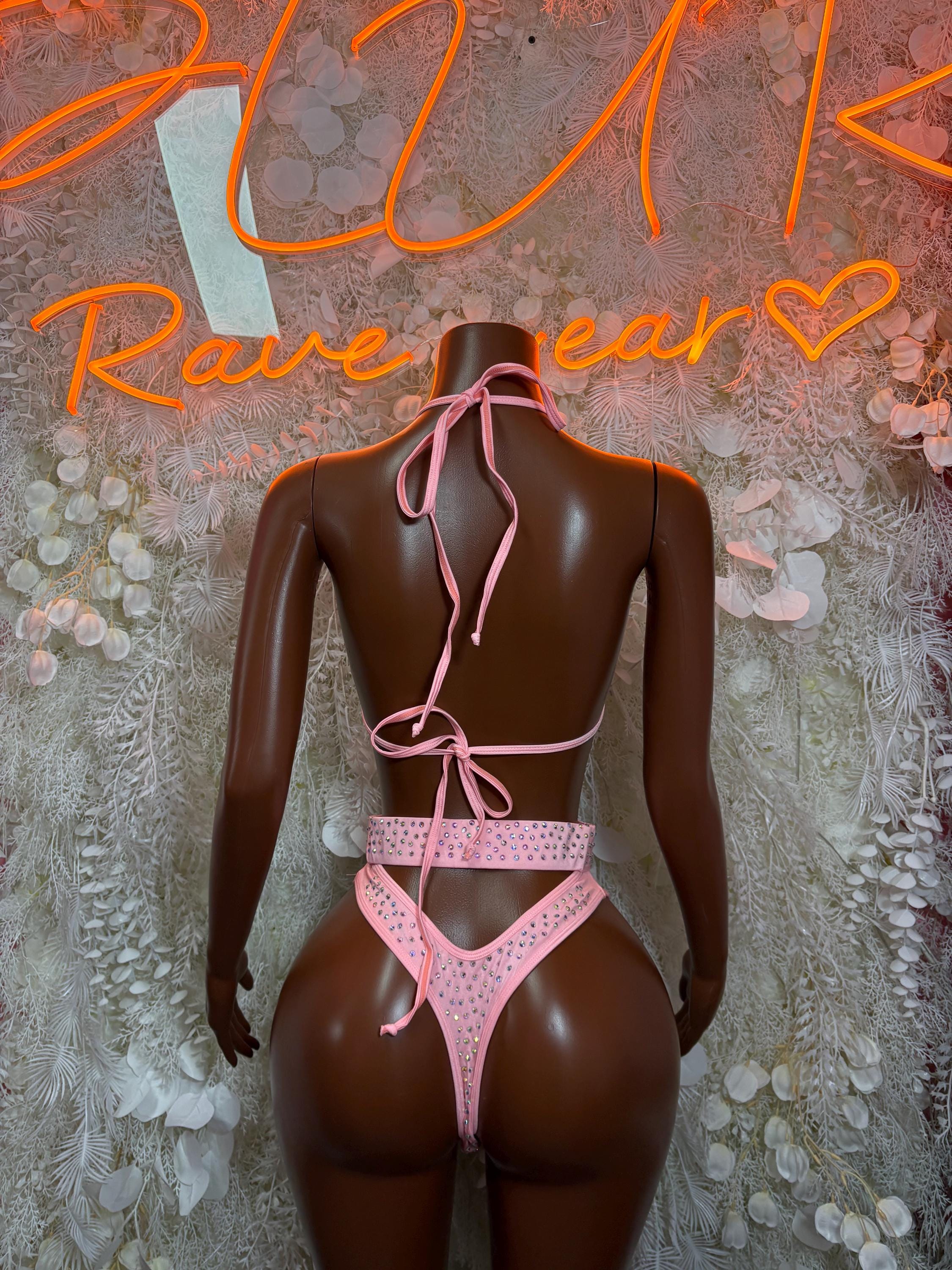 Pink rhinestone bikini set with lace-up back straps and triangle bottoms, back view
