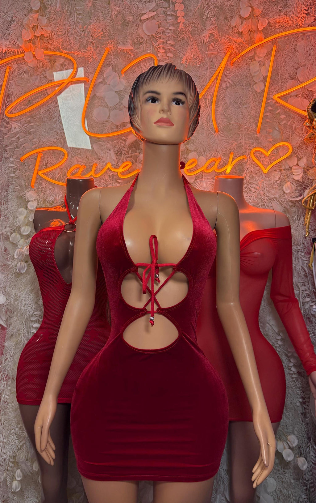 Women’s red mesh mini dress with lace-up front, halter straps, fitted bodycon