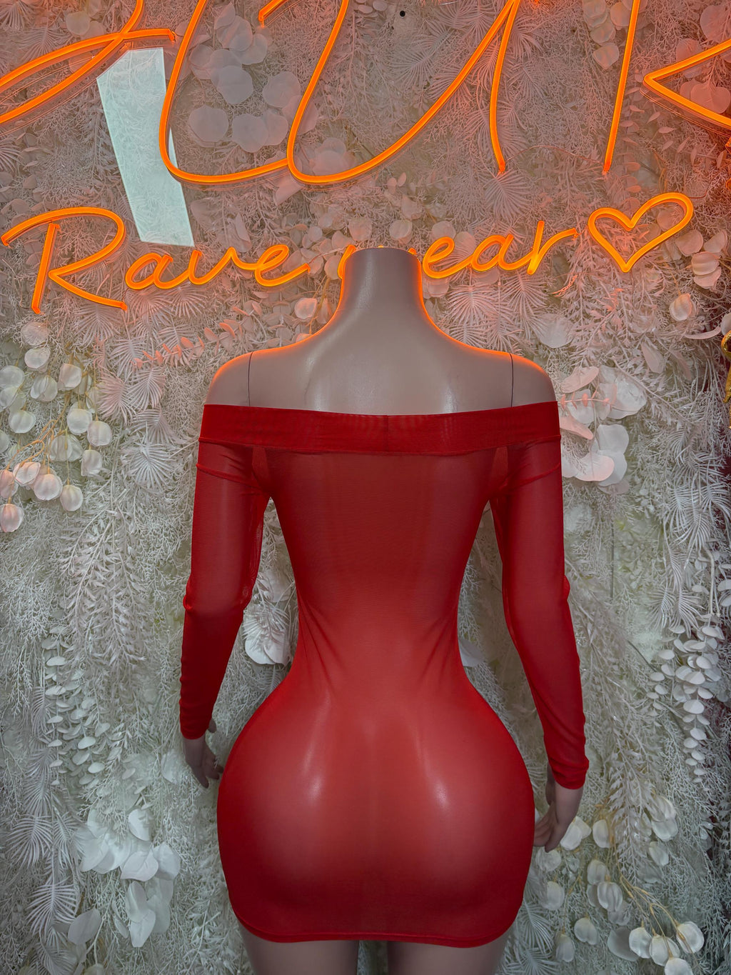 Women’s red mesh mini dress off-shoulder neckline, long sleeves, fitted silhouette