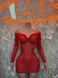Women’s red mesh mini dress with off-shoulder neckline, long sleeves, bow detail